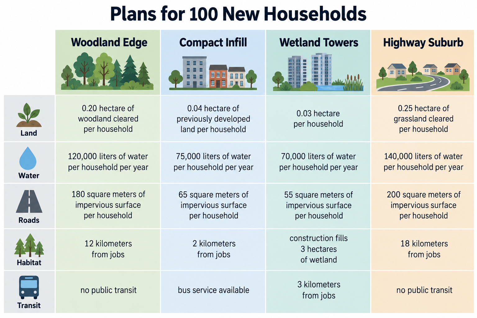 Diagram for question 10: A city must choose a plan that provides housing for 100 new households. Based on the figure, which plan best…