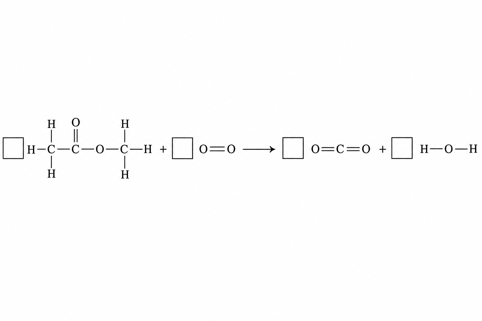Diagram for question 9: The figure shows the structural formulae of the substances in a combustion reaction. What are the smallest…