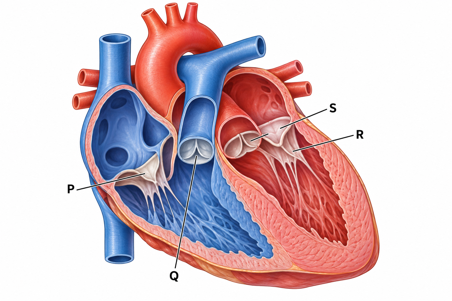 Diagram for question 10: The heart in the figure is shown in an oblique section with its apex directed towards the right side of the…
