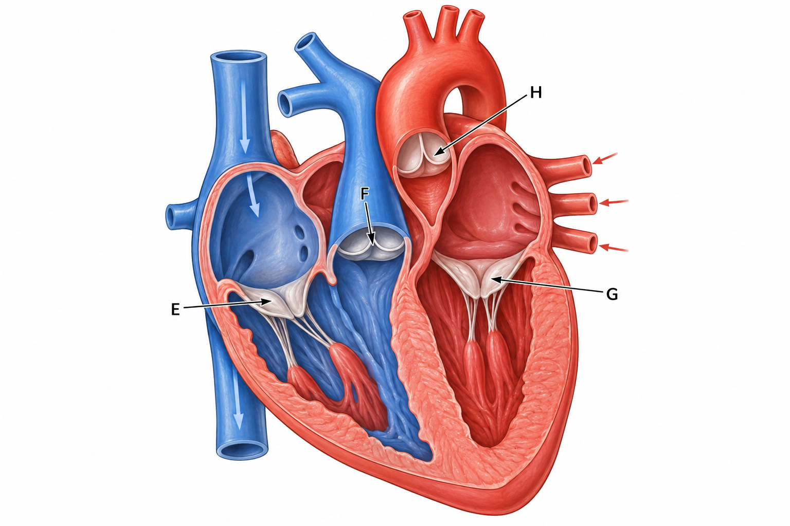 Diagram for question 8: The figure shows a frontal cutaway of a mammalian heart. Which label identifies the pulmonary semilunar valve?