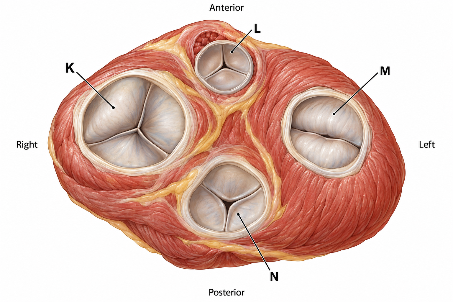 Diagram for question 9: The figure is a superior view of the four valve openings after the atria have been removed. Which pair of…