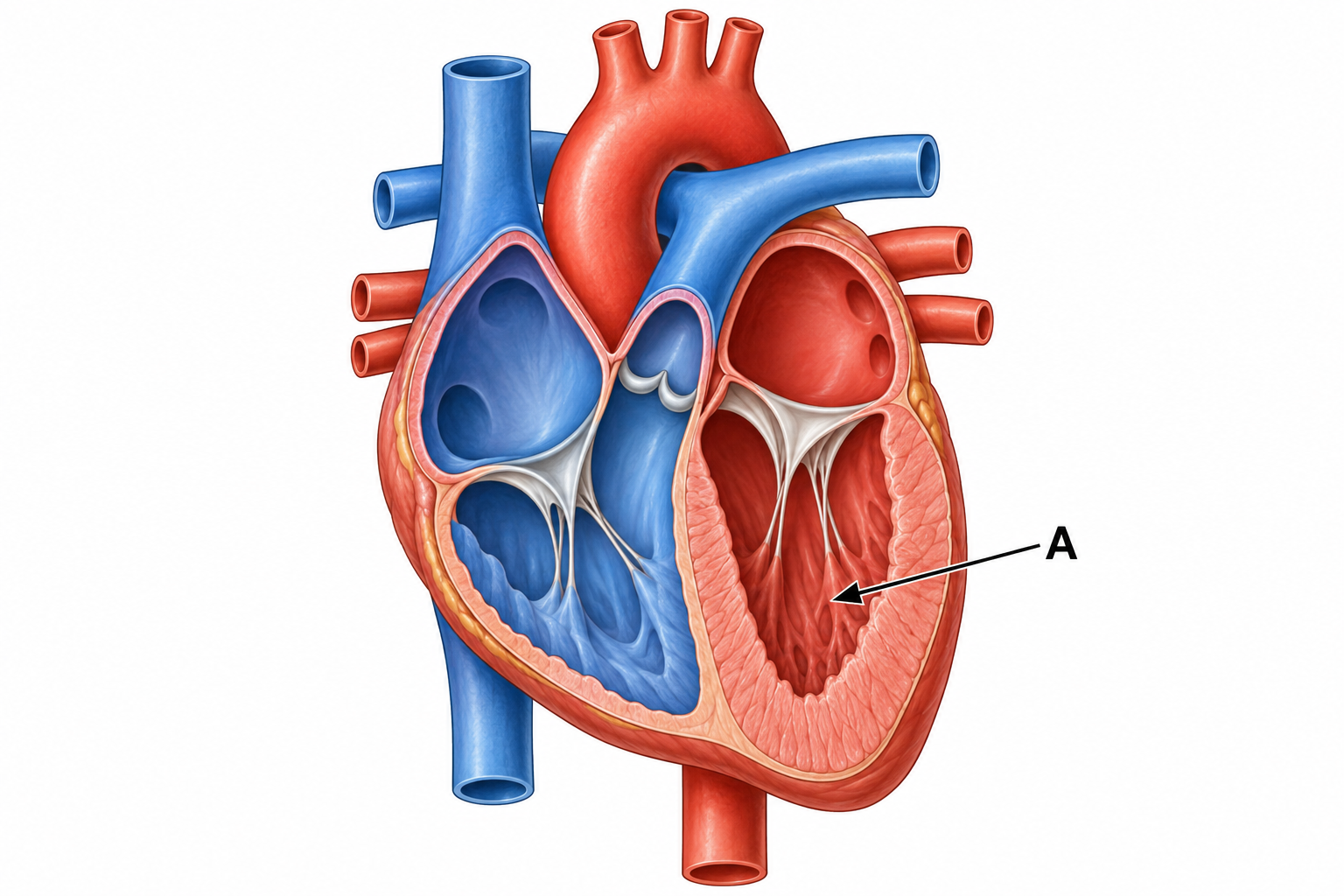 Diagram for question 1: Which structure is labelled A in the diagram of the mammalian heart?