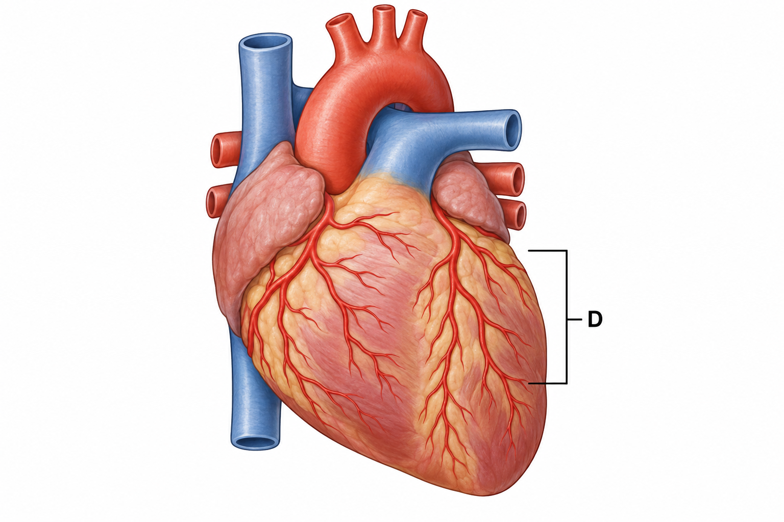 Diagram for question 4: What are the branching structures labelled D on the outside of the heart?