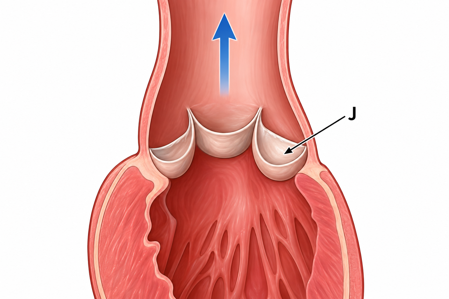 Diagram for question 9: What type of structure is labelled J at the outlet of the ventricle?