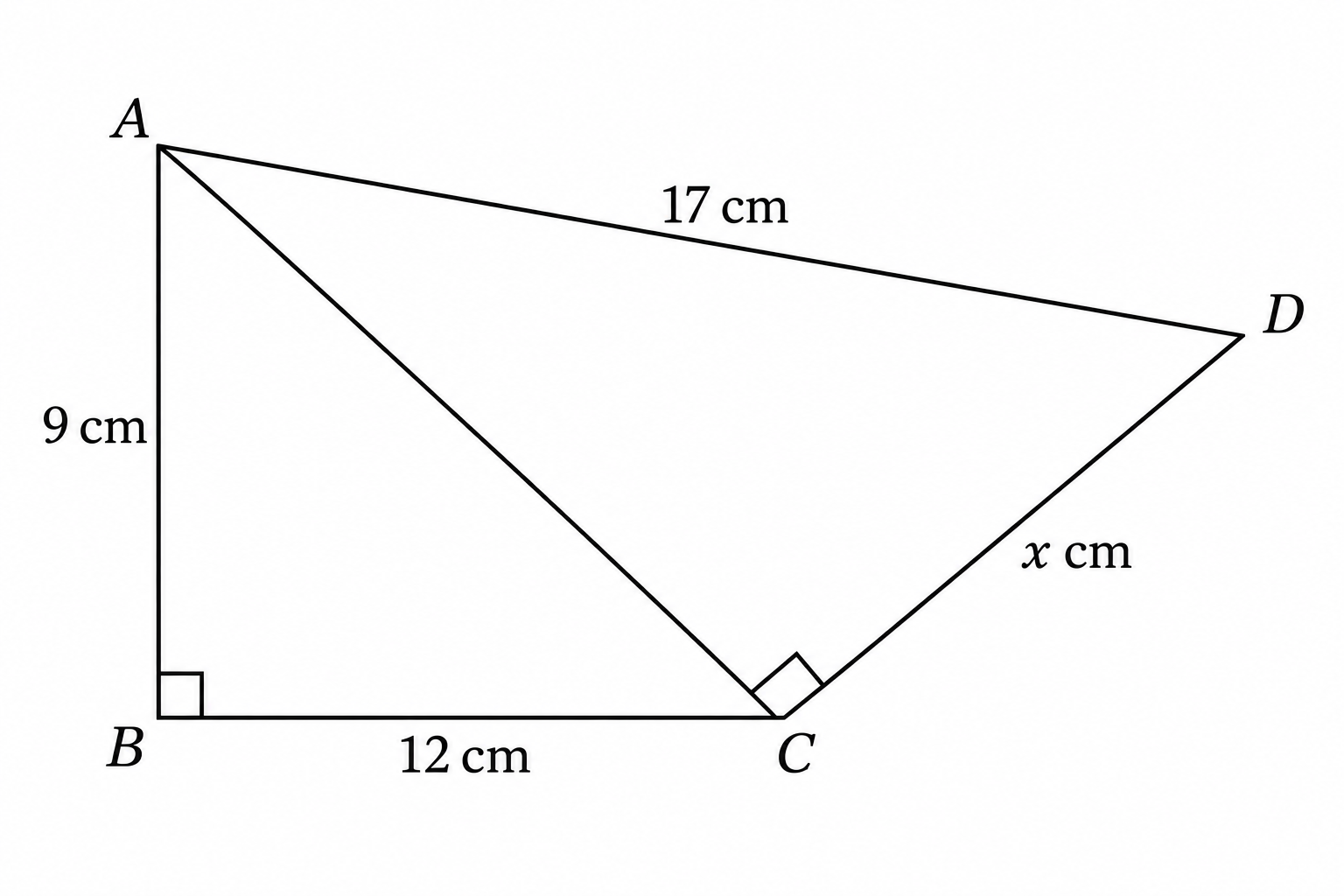 Diagram for question 8: Use the measurements and right-angle marks in the figure to find x.