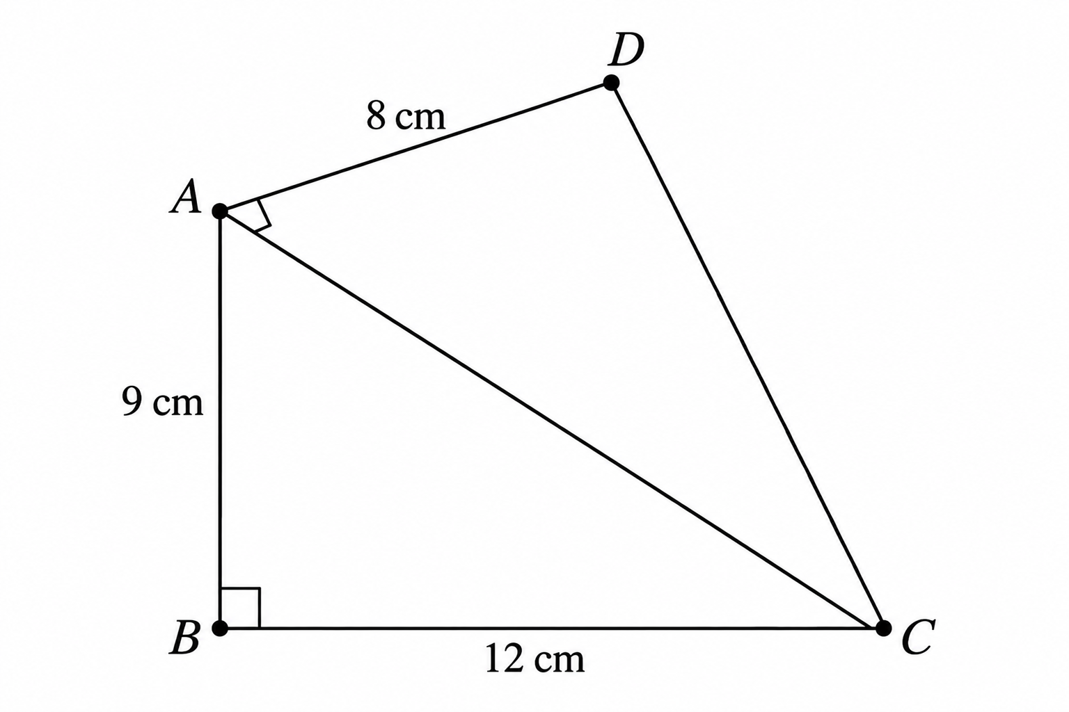 Diagram for question 8: Use the measurements and right-angle marks in the figure to find the perimeter of quadrilateral ABCD.